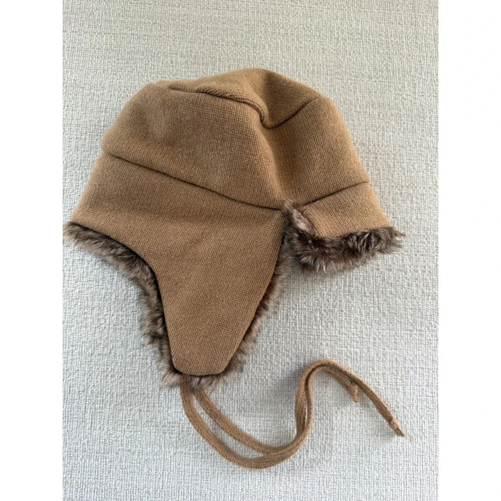 J Crew Wool Blend Faux Fur Lined Flap Trapper Winter Hat Tan Brown Gorpecore